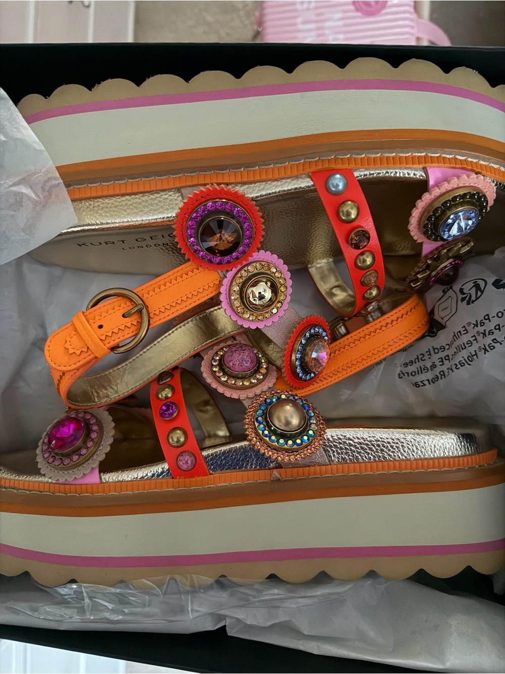 Kurt Geiger Octavia Orange and Pink Jeweled Platform Sandals